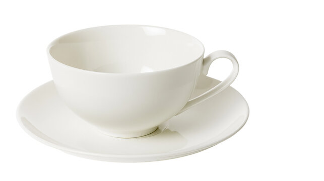 Empty white ceramic teacup with matching saucer