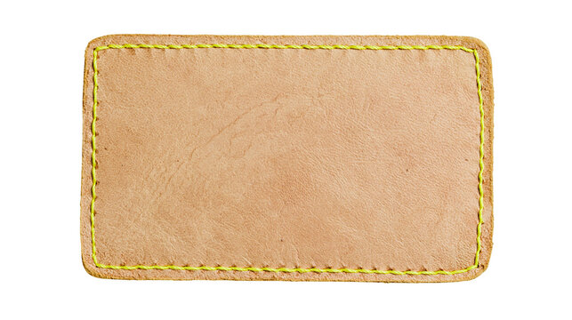 Rectangular tan leather patch with bright yellow stitched border