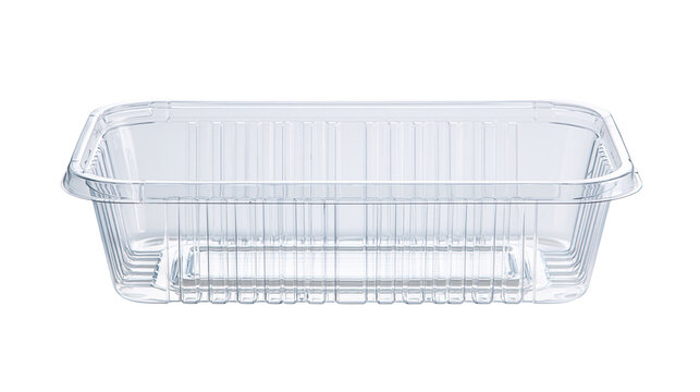 Empty rectangular clear plastic food container with ribbed sides