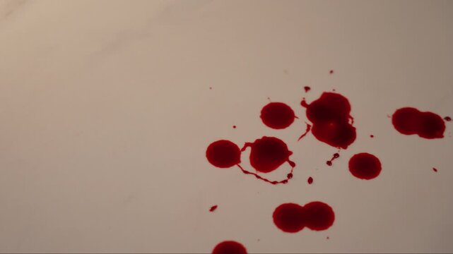 Continuous blood dripping onto existing drops in slow motion, accumulating on right side with left copy space, visceral mood for crime scene