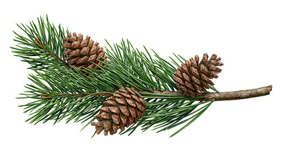 Evergreen pine tree branch with three brown cones and long green needles © Elvin