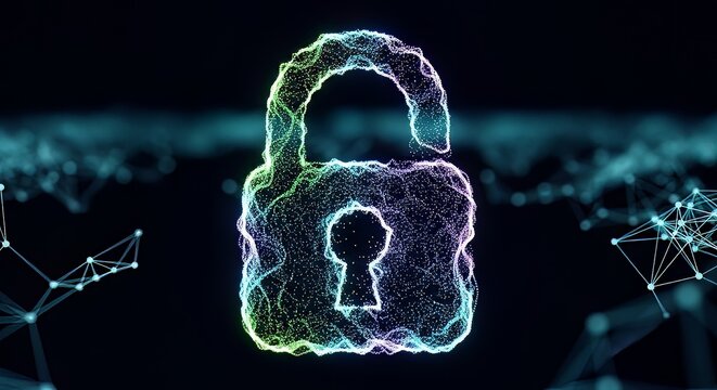 Padlock symbol made of glowing digital lines represents cybersecurity and data protection in a network.