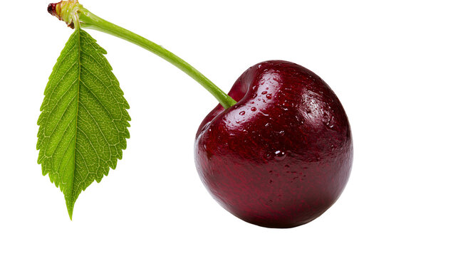 Single ripe dark red cherry with green stem and fresh serrated leaf