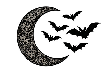 Halloween gothic crescent moon with ornate design and bats, isolated © dvoevnore