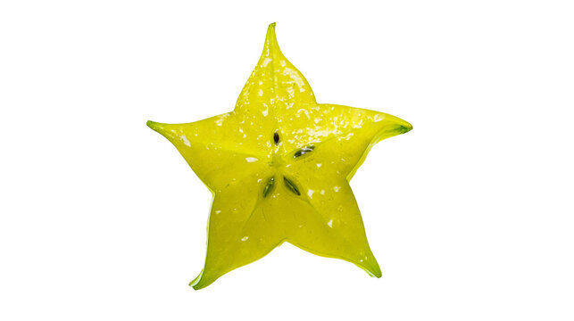 Fresh yellow starfruit slice with five points and visible seeds