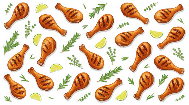 Pattern of grilled chicken drumsticks with rosemary and lime slices on a generated using ai