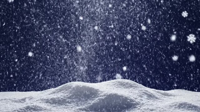 Large snowflakes falling on snow pile against blue background