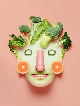 Playful food art composition forming a human face from fresh vegetables and fruit, promoting healthy eating, nutrition, plant-based food, creativity, and wellbeing.