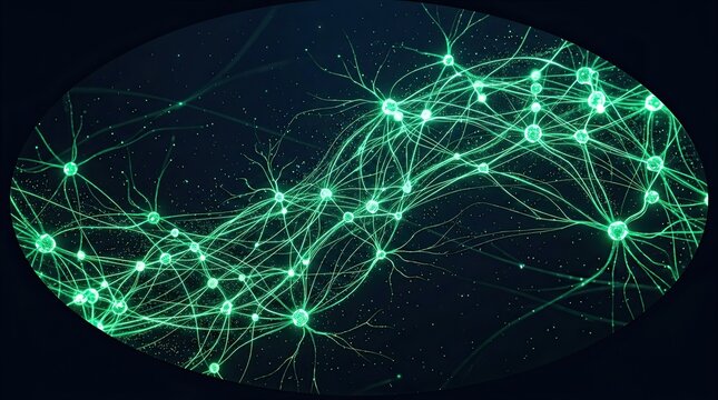 Abstract Neural Network Concept, Glowing Green Neurons Connected, Digital Brain