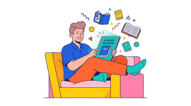 Young man relaxing on a sofa while using a digital ebook reader