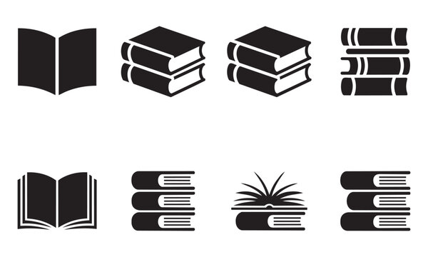 Graphic set of books in various positions including open literature closed volumes and piles representing educational content and literary learning resources.