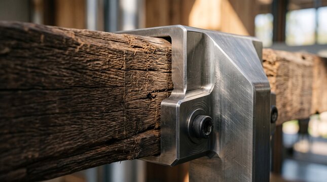 Sustainable architectural detail showing raw dark timber beam joined with brushed titanium steel bracket in wide layout