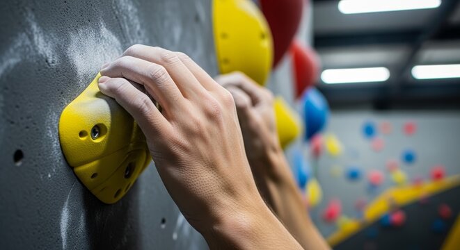 Close up of climber hands gripping yellow holds during rock climbing training indoors. Strong athlete practicing rock climbing on artificial bouldering wall. Sport concept with rock climbing.