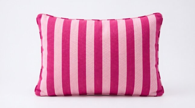 Bright Pink and Light Pink Striped Decorative Pillow Isolated on White Background.