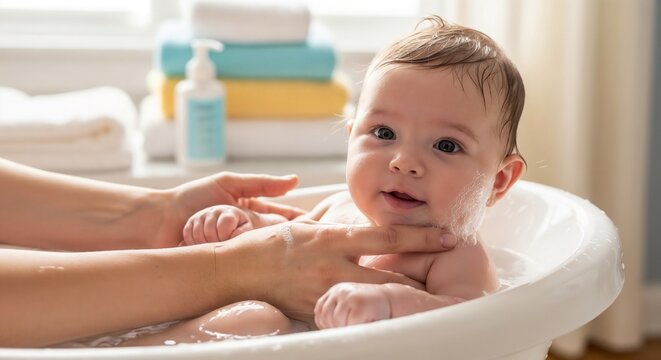 Infant bath time with mother gently washing cute baby lying in small white tub. Careful hands support baby during infant bath time with soap and towels in background. Warm infant bath time concept.