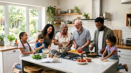 Obraz premium Multigenerational Family Cooking Together in Modern Kitchen.