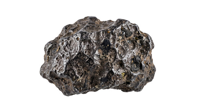 A highly detailed iron meteorite isolated on black. This natural space rock features a metallic texture and cratered surface, perfect for science or astronomy projects.