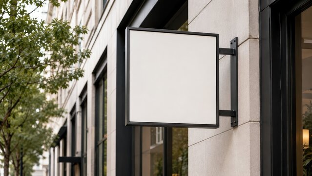 Blank square hanging sign on a modern storefront facade with black metal frame and white panel, ideal for signage mockup and retail branding
