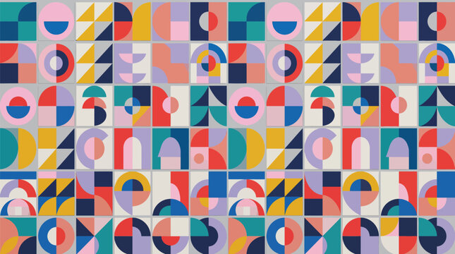 Abstract geometric seamless vector pattern featuring colorful circles triangles and squares on a light grey background