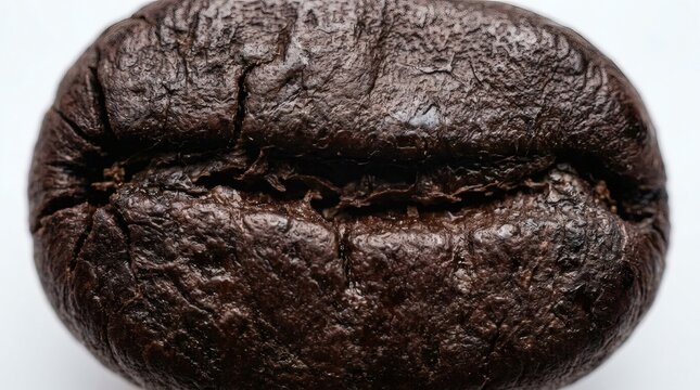 Extreme macro close up shot of a single dark roasted coffee bean grain.