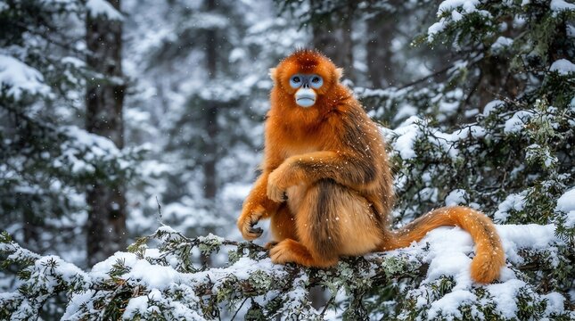 Golden snub nosed monkey in snowy forest