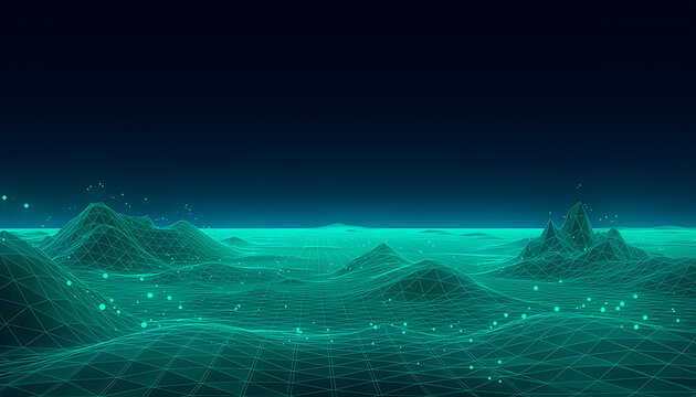 Glowing Cyan Wireframe Mesh Digital Terrain Cyber Landscape Background