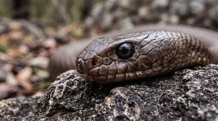 Obraz premium Close-up of a brown snake head resting on a textured rock outdoors.