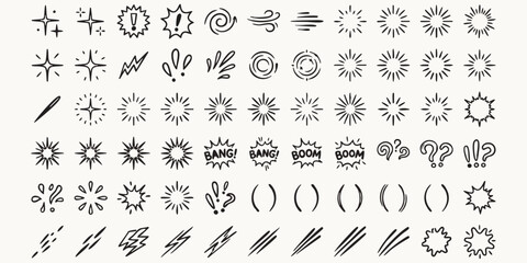 A hand drawn doodle icon set with various starbursts exclamation points and comic book sound effects on a light background © Ishtiaq