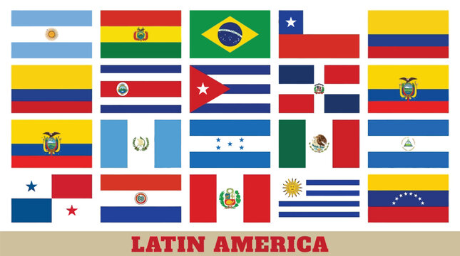 Vibrant collection of national flags from diverse Latin American countries arranged in a grid pattern layout