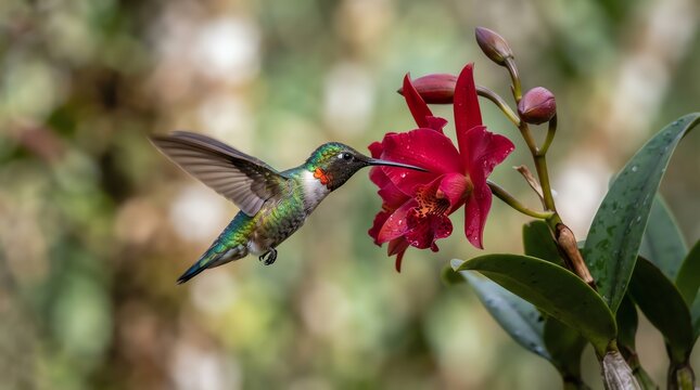 Green hummingbird hovering by red orchid flower