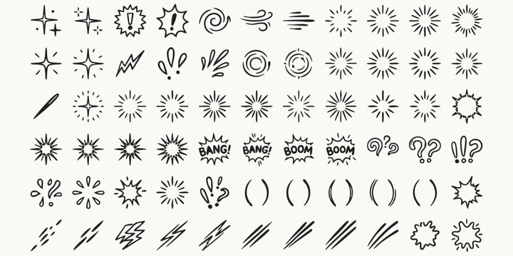 A hand drawn doodle icon set with various starbursts exclamation points and comic book sound effects on a light background