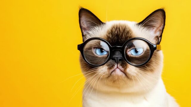A cat with glasses stares at the camera against a yellow backdrop while showing a calm expression