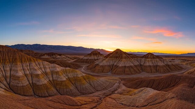 Arid desert landscape during golden hour with panoramic sky and rolling hills