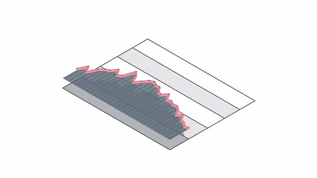 Educational animation showing roof structure components and insulation layers in isometric view.