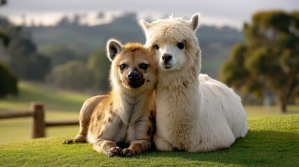 Fototapeta premium Cute Spotted Hyena and White Alpaca Resting Together on Grass
