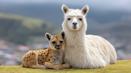 Fototapeta premium A cute white alpaca and a young spotted hyena cub lying together in nature