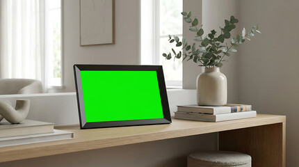 Fototapeta premium Green screen digital picture frame mockup on wooden table in modern room