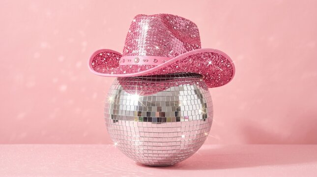 Silver disco ball wearing a glittering pink cowboy hat on a pastel backdrop, blending western and disco style