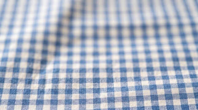Soft blue and white gingham fabric texture with shallow focus, ideal for backgrounds, banners, and summer designs