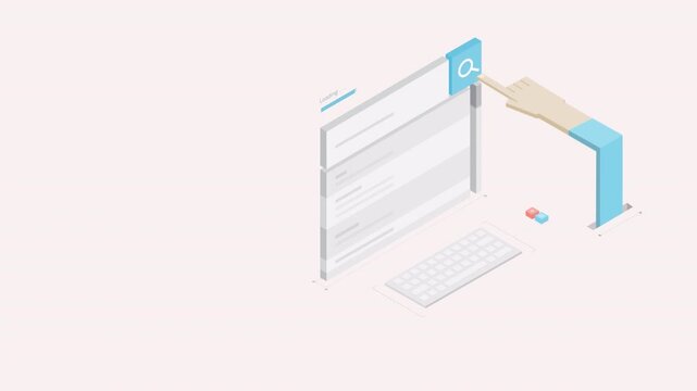 Isometric 3D animation of a web browser search engine interface.