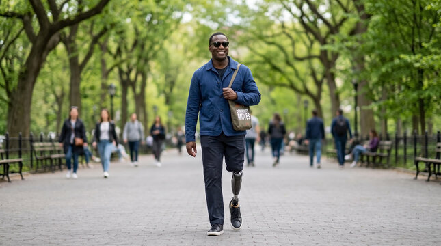 Black man prosthetic walk along park path on bright sunny day. Confident Black man prosthetic walk showcases strength and independence.