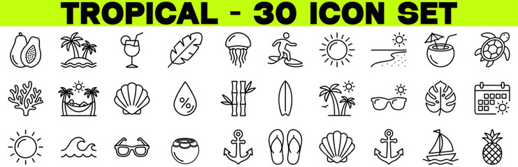 Fototapeta premium Tropical Icon Set – Editable Stroke Vector Line Icons for Island, Beach, Coconut, Palm Tree and Summer Vacation