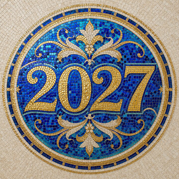 Intricate round mosaic art piece featuring golden numerals 2027 set against vibrant blue and white tesserae tiles for luxury New Year celebrations.