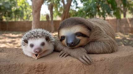 Fototapeta premium A cute sloth and a hedgehog resting together outdoors in nature