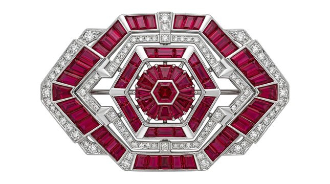 Art Deco Brooch: Ruby and Diamond Geometric Jewelry Design