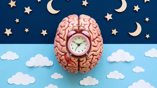 Human brain with alarm clock inside representing sleep and time.