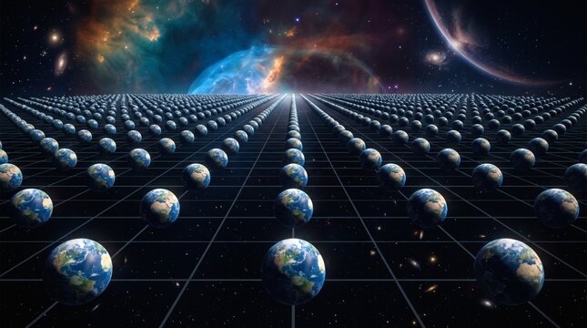Infinite Multiverse Concept With Earths and Nebulae.
