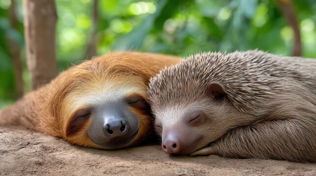 Sloth and hedgehog sleeping together outdoors
