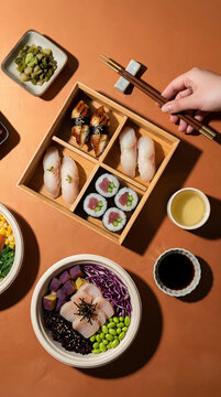 Assorted sushi platters and japanese food dishes arranged 