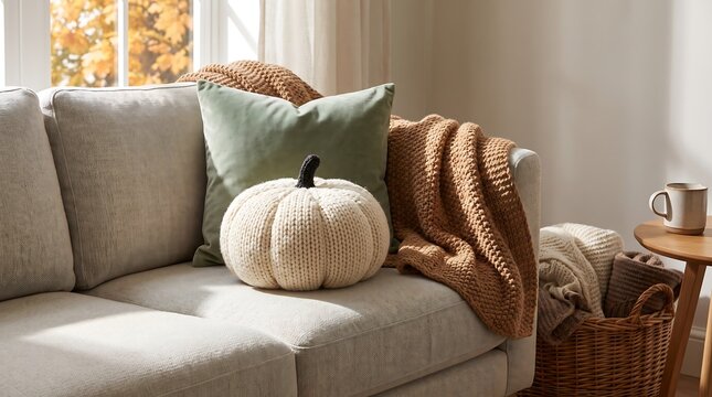Cozy living room detail with knitted pumpkin decor, soft pillows, and blankets creating a warm and inviting autumn atmosphere for relaxation.